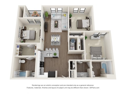 Floor plan for 3 beds, 2 baths, 1110 sqft